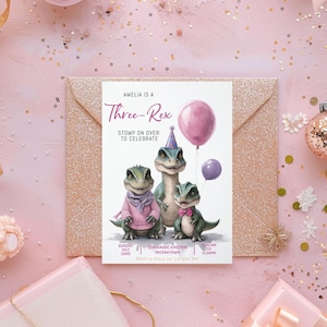 Three Rex Dinosaur Invitation, Dinosaur 3rd Birthday Invitation, Editable T-Rex Birthday Invite, Girl Dinosaur Birthday, Instant Download
