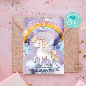 Rainbow Unicorn Editable Invitation, Birthday Party Invite, Printable Invitation, Unicorn Theme, Unicorn Birthday