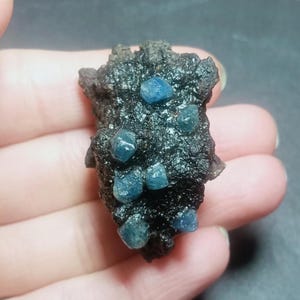 Puede incluir: Un grupo de cristales azules facetados incrustados en una matriz oscura y rugosa. Los cristales son afilados y bien definidos, con un brillo vítreo. La matriz es negra y tiene una textura rugosa y desigual.