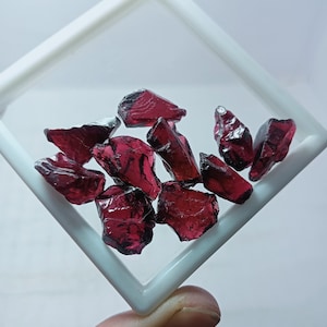 Puede incluir: Una colección de piedras preciosas en bruto rojas en una vitrina cuadrada blanca. Las piedras en bruto son de varios tamaños y formas.