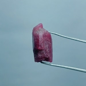 Peut inclure: Un cristal de rubis rouge foncé avec une pointe pointue, tenu par des pinces sur un fond bleu clair.