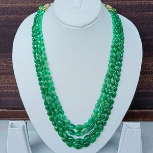 4 Stand Emerald Oval Beads Necklace, Oval Smooth Emerald beads Necklace, Zambian Emerald Gemstones Handmade Necklace, Lenth 20 Inches.