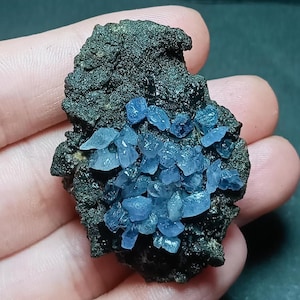 Könnte beinhalten: Ein rohes Mineralexemplar mit einer Ansammlung kleiner, durchscheinender, hellblauer Kristalle, die in eine dunkle, texturierte, kohlefarbene Matrix eingebettet sind. Die Kristallformation ist in der Mitte des rauen, unebenen Steins konzentriert.