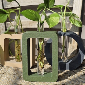 Peut inclure: Trois stations de propagation de plantes de couleurs différentes : beige, vert et gris. Chaque station est dotée d’un tube à essai en verre transparent contenant une bouture de plante et des racines qui poussent dans l’eau.