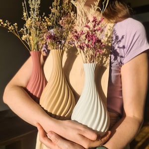 Könnte beinhalten: Drei Keramikvasen in verschiedenen Farben und Designs. Die Vasen sind mit getrockneten Blumen gefüllt und werden von den Händen einer Person gehalten.