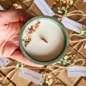 Bomboniera Candela Scrigno con coperchio artigianale fatta a mano in cera di soia per matrimoni originale delicato personalizzabile con tag