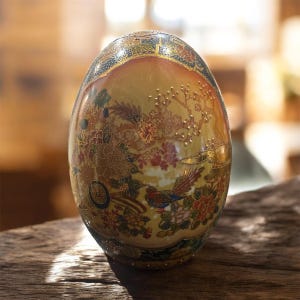 Może przedstawiać: Ozdoba w kształcie jaja z bogatym wzorem kwiatowym i ptasim. Przedmiot ma żółte tło ze złotymi, czerwonymi i zielonymi akcentami. Wzór obejmuje kwiaty, ptaki i ozdobne wzory.