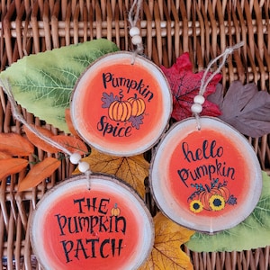 May include: Three wooden pumpkin-themed ornaments with twine hangers. Each ornament has an orange background and black lettering. One says "Pumpkin Spice", another "hello Pumpkin", and the third "The Pumpkin Patch".
