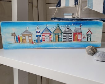 Quirky/Rustic seaside Beach hut scene.Wood Hanging plaque/Freestanding sign.Red/Blue nautical.