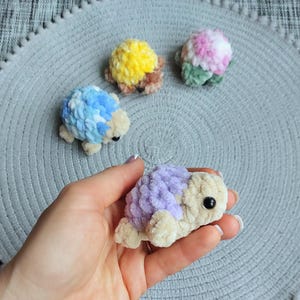 May include: Four small, plush, crocheted turtle figures with soft, textured yarn shells in various colors including yellow, blue, pink, and purple. Each turtle has a cream-colored head and limbs with a single black bead eye on each side.