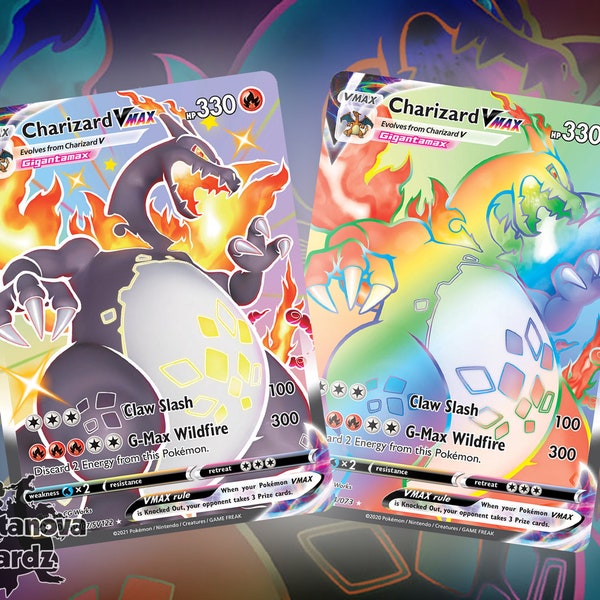 Shiny Charizard e Rainbow Charizard Vmax Proxy Pokemon Card Set di 2 carte di qualità premium