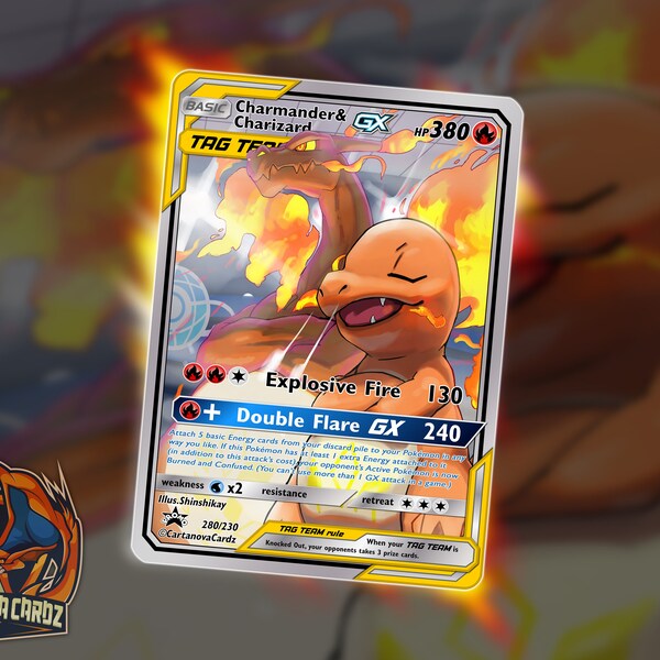 Charmander & Charizard Gx Tag Team Custom Pokemon Card Top Quality Full Art