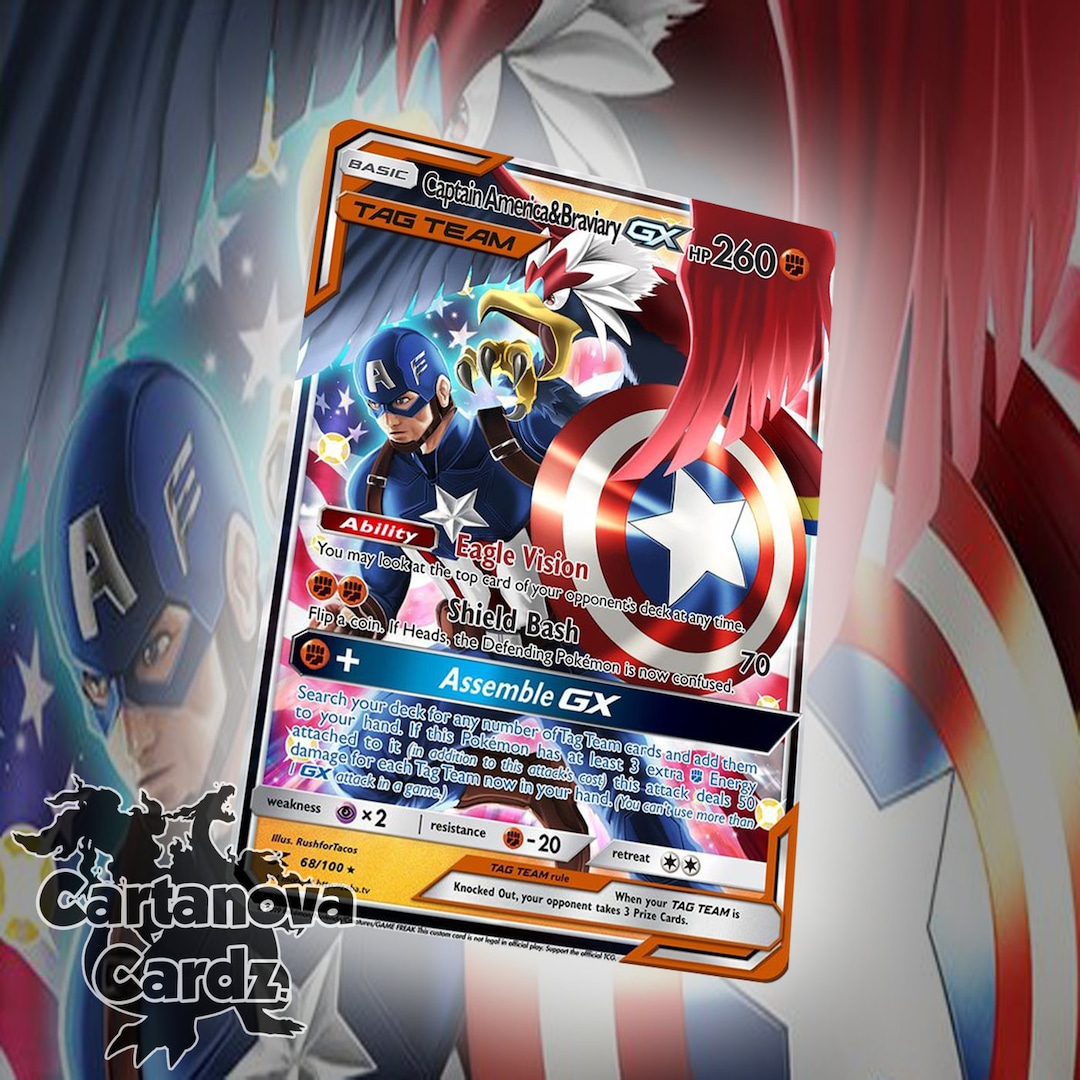 Captain America Braviary Gx Custom Pokemon Card Premium Etsy