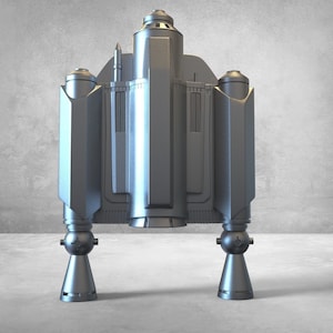 May include: A silver-coloured, futuristic-looking spaceship model with a pointed nose and two sets of landing legs. The model has a detailed design with multiple panels and a sleek, aerodynamic shape.