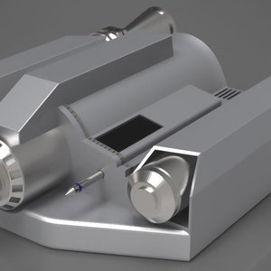 May include: A silver, futuristic-looking, three-dimensional model of a spacecraft with four engines. The spacecraft has a rectangular body with a rounded front and a flat bottom. The engines are located on the sides and back of the spacecraft. The spacecraft is designed with a sleek, aerodynamic shape.