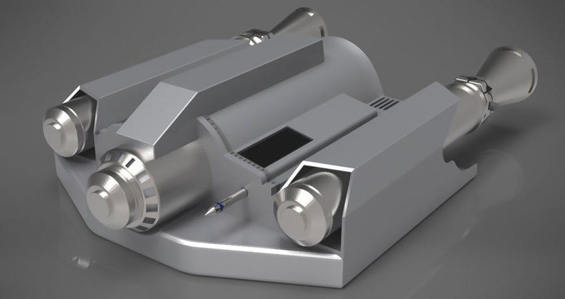 May include: A silver, futuristic-looking, three-dimensional model of a spacecraft with four engines. The spacecraft has a rectangular body with a rounded front and a flat bottom. The engines are located on the sides and back of the spacecraft. The spacecraft is designed with a sleek, aerodynamic shape.