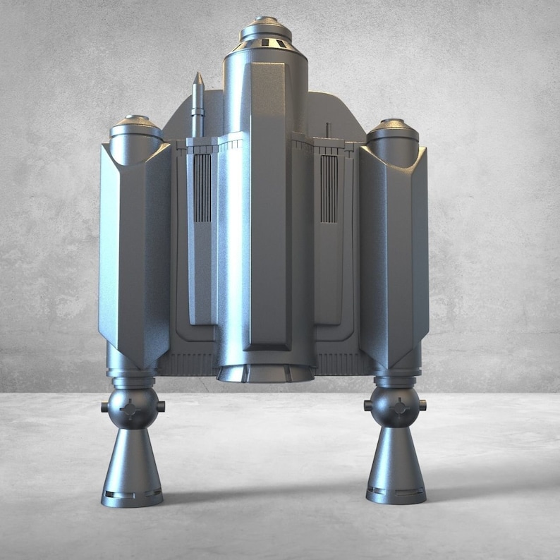 May include: A silver-coloured, futuristic-looking spaceship model with a pointed nose and two sets of landing legs. The model has a detailed design with multiple panels and a sleek, aerodynamic shape.