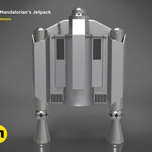 May include: A grey and silver jetpack with two thruster nozzles. The jetpack has a rectangular body with a rounded top and two side panels. The thruster nozzles are attached to the bottom of the jetpack and are pointed downwards.