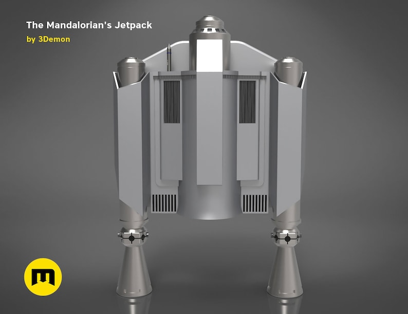 May include: A grey and silver jetpack with two thruster nozzles. The jetpack has a rectangular body with a rounded top and two side panels. The thruster nozzles are attached to the bottom of the jetpack and are pointed downwards.