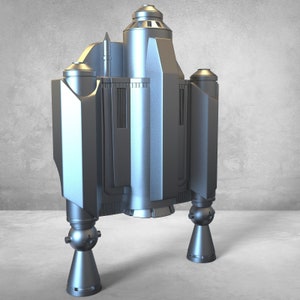 May include: A silver-coloured, futuristic-looking spaceship with a pointed nose and three landing legs. The spaceship has a detailed design with multiple panels and a small window.