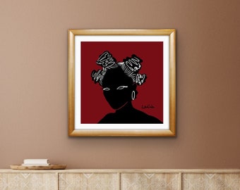 Burgundy coloured Woman portrait, silhouette downloadable printable wall art, African, natural hair