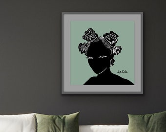 Sage coloured Woman portrait, silhouette downloadable printable wall art, African, natural hair