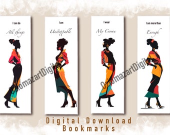 Set of 4 black woman fashion illustrated bookmarks, book lovers club bookmark, small gift for her, printable bookmark, affirmation bookmarks