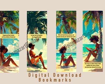 Set of 4 black woman beach themed bookmarks, book lovers club bookmark, small gift for her, printable bookmarks, affirmation bookmarks