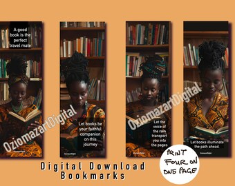 Cute black girl in bookstore bookmarks, book lovers club bookmark, small gift for her, printable bookmarks, affirmation bookmarks, set of 4