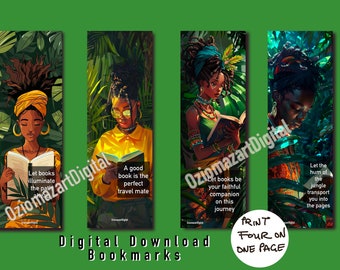 Cute black girl in jungle bookmarks, book lovers club bookmark, small gift for her, printable bookmarks, affirmation bookmarks, set of 4