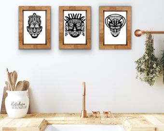 Printable tribal art masks bundle set of 5, African mask, Office wall art, African American art, mug clipart, wall art