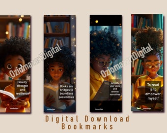 Cute portrait Black woman reading bookmarks, book lovers club bookmark, small gift, printable bookmarks, affirmation bookmarks, set of 4