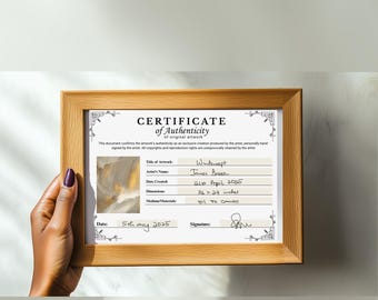 Plantilla editable de certificado de autenticidad de artista ornamentado: Canva A5 (descarga digital)