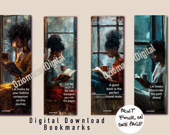 Cute black girl rainy day bookmarks, book lovers club bookmark, small gift for her, printable bookmarks, affirmation bookmarks, set of 4