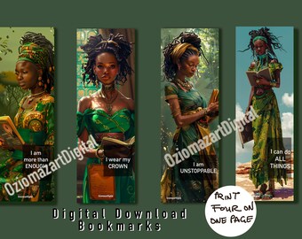 Black girl dressed in green bookmarks, book lovers club bookmark, small gift for her, printable bookmarks, affirmation bookmarks, set of 4