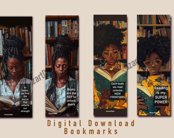 Black woman reading in library bookmarks, book lovers club bookmark, small gift, printable bookmarks, affirmation bookmarks, set of 4