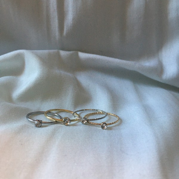 Diamond Simple Band and Dimpled Design Silver/Gold Effect Vintage Ring, UK Sizes K/L, Cute, Vintage, Retro, Y2K, Stackable, Friendship, Gift