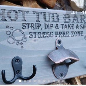 PERSONALISED Grey Hot Tub Sign, Rustic Tiki Bar wooden decoration, towel holder & bottle opener, hooks, goggles, garden, summer house,spa