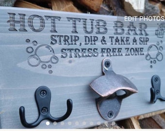 PERSONALISED Grey Hot Tub Sign, Rustic Tiki Bar wooden decoration, towel holder & bottle opener, hooks, goggles, garden, summer house,spa