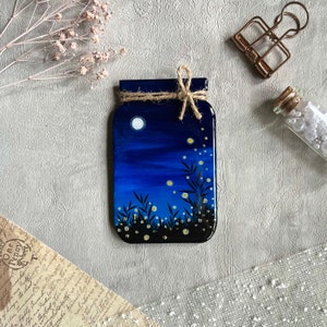 Fireflies Blue Night Sky Handmade Fridge Magnet, Size: 4, Office decor, Home decor, Kids Room Decor, Miniature Painting, Desk Decor image 1