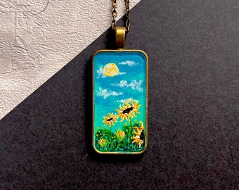 Sunflower Field Artisanal Necklace, Antique Finish, Sunrise Nature inspired, Statement Hand-painted Art Pendent, Mini Painting Jewellery