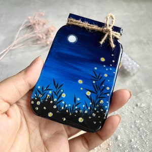 Fireflies Blue Night Sky Handmade Fridge Magnet, Size: 4, Office decor, Home decor, Kids Room Decor, Miniature Painting, Desk Decor image 4