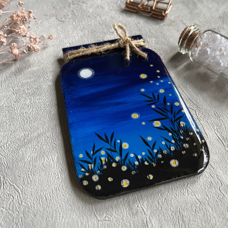 Fireflies Blue Night Sky Handmade Fridge Magnet, Size: 4, Office decor, Home decor, Kids Room Decor, Miniature Painting, Desk Decor image 3