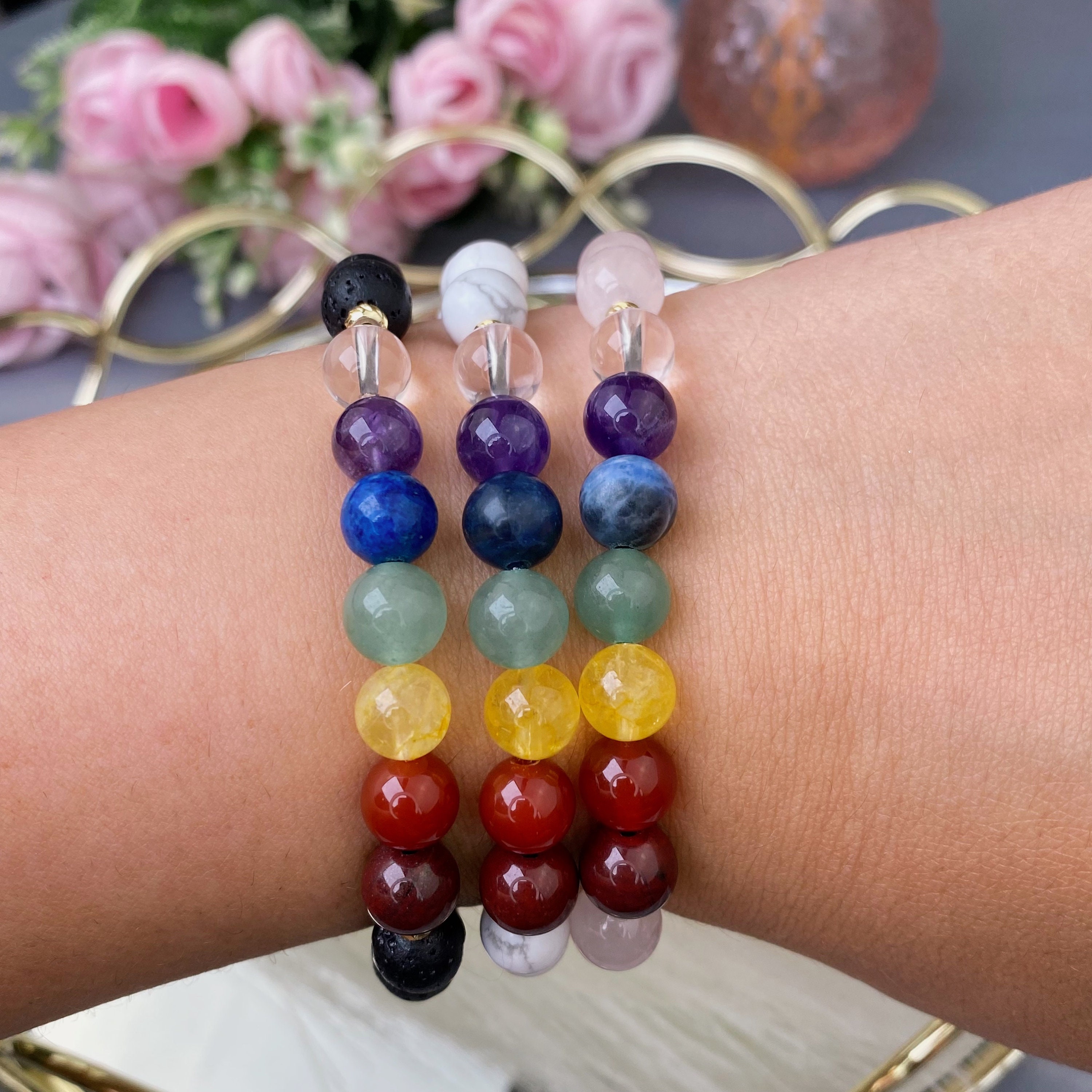 Bracciale Dei Sette Chakra In Pietre Naturali Da 8 Mm Elasticizzato - Foto 2