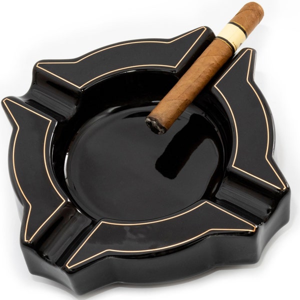 ROGOZ Ceramic Cigar Ashtray, Durable Solid 4 Slot Cigar Holder, Large Heavy Outdoor Glass Cigar Ash Tray For Patio, Unique Design Ashtrays