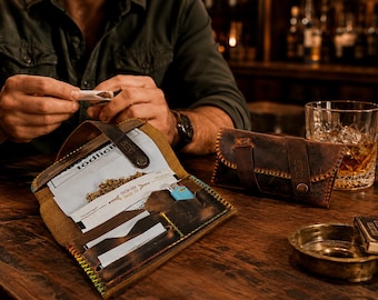 Leather tobacco pouch vegetable tanned, hand-stitched genuine leather tobacco pouch, rolling bag, vintage