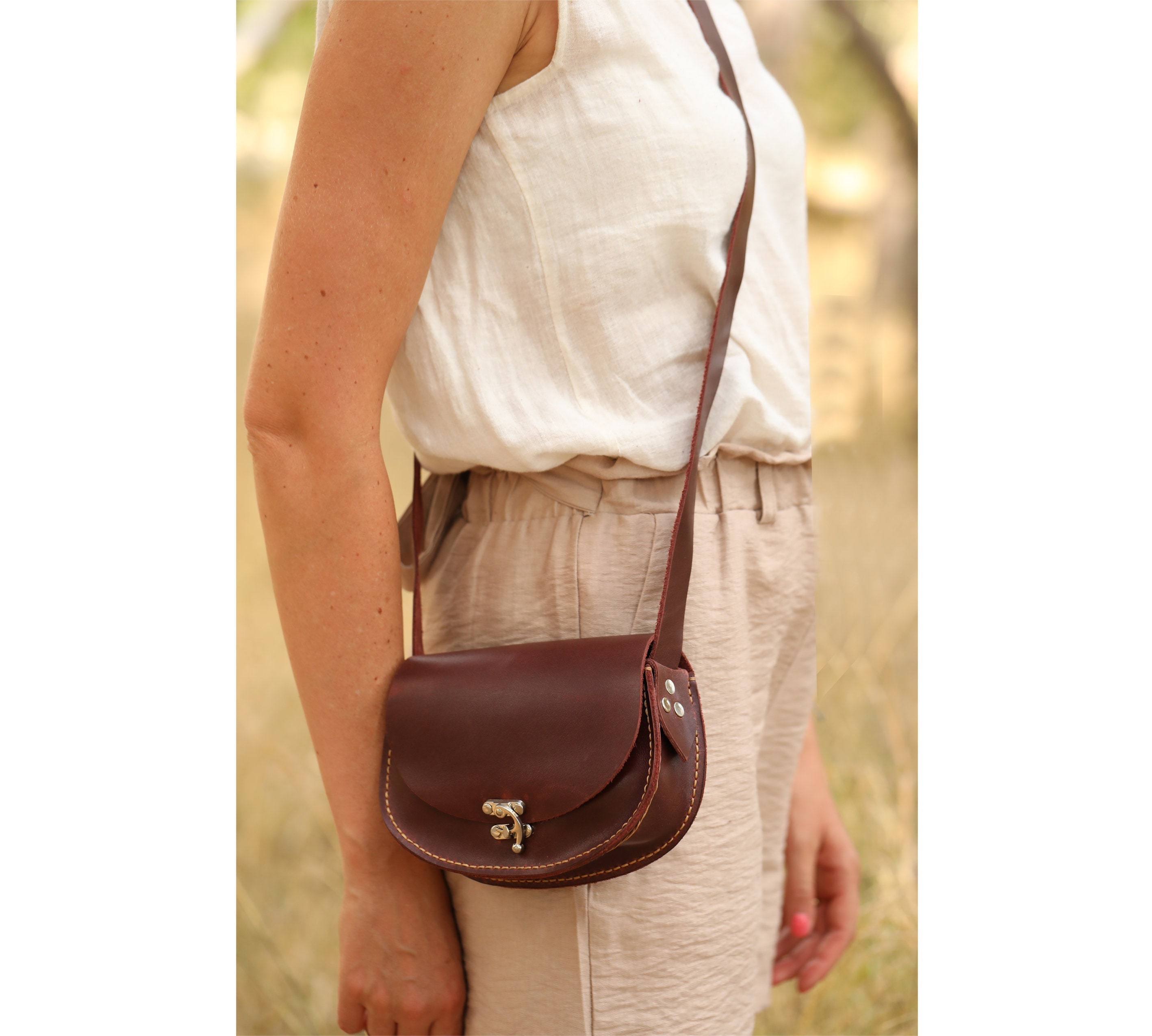 Bolso de cuero curtido vegetal, cosido a mano, vintage, mini bolso de cuero para mujer, cuero genuino, bandolera, bolso de fiesta