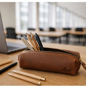 Personalized pencil case, genuine leather handmade pencil holder, teacher/student gift, pencil pouch, personalized