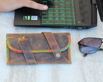 Leather tobacco pouch vegetable tanned, hand-stitched genuine leather tobacco pouch, rolling bag, vintage