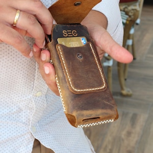 Leather cell phone case, leather cell phone case to wear over the shoulder, hand-sewn, handmade gift, iPhone case, smartphone case, personalized gift